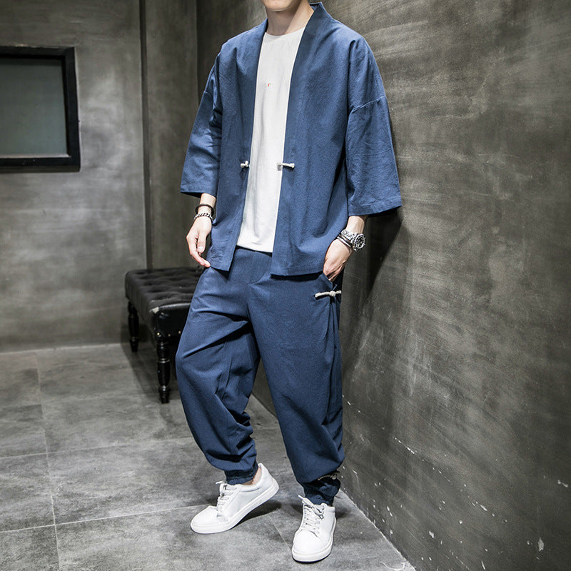 Chinese Style Linen Suit Men's Summer Three-Quarter Sleeves Robe Hanfu (1-Set)