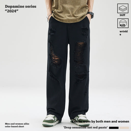 Zipper Ripped Casual Pants Men's Cotton Trousers